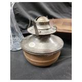 Real Walnut Wood Bowls, Glass Decanter, Oil Lamp & Carved Wood Piece - Vintage Decor Lot