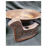 Real Walnut Wood Bowls, Glass Decanter, Oil Lamp & Carved Wood Piece - Vintage Decor Lot