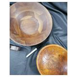 Real Walnut Wood Bowls, Glass Decanter, Oil Lamp & Carved Wood Piece - Vintage Decor Lot