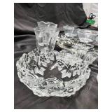 Crystal Glassware Set - Etched Floral Pattern, Assorted Bowls & Mugs