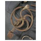 Antique Garden Tools Lot - Hand Rake, Cultivator, Wheel Tool & Wire Brush