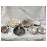 Vintage Enamelware Kitchen Lot - Pans, Colanders, Lids, & Decorative Plate