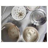Vintage Enamelware Kitchen Lot - Pans, Colanders, Lids, & Decorative Plate