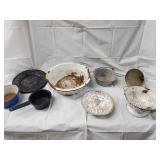 Vintage Enamelware Kitchen Lot - Pans, Colanders, Lids, & Decorative Plate
