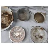 Vintage Enamelware Kitchen Lot - Pans, Colanders, Lids, & Decorative Plate