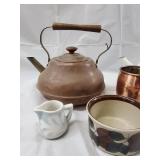 Vintage Teapots, Copper Mug, Cream Pitcher, Bowl & Ceramic Cat Figurines - Kitchenware Lot