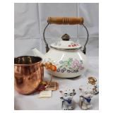 Vintage Teapots, Copper Mug, Cream Pitcher, Bowl & Ceramic Cat Figurines - Kitchenware Lot