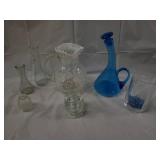 Glassware Lot - Blue Decanter, Daisy-Patterned Frosted Vase & Clear Bottles