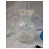 Glassware Lot - Blue Decanter, Daisy-Patterned Frosted Vase & Clear Bottles