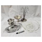 Silver Plate Serving Set - 6-Piece: Oval Beaded Edge Tray, Pedestal Bowls, Glass Cake Stand, Glass Compote