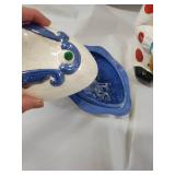 Vintage Ceramic Clown Cookie Jar, Fruit Bottle Decanters, Cat Figurines & Heart Dish - 6-Piece Lot