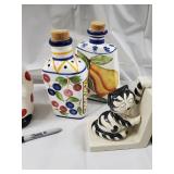 Vintage Ceramic Clown Cookie Jar, Fruit Bottle Decanters, Cat Figurines & Heart Dish - 6-Piece Lot