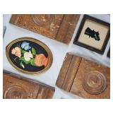 Vintage Wall Decor Lot - Framed Dog Portrait, Quilt Block & Rustic Wood Panels