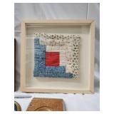 Vintage Wall Decor Lot - Framed Dog Portrait, Quilt Block & Rustic Wood Panels