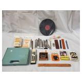 Vintage drafting tools & office supplies lot - rulers, calipers, Cross pen set, stamp books