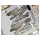 Vintage drafting tools & office supplies lot - rulers, calipers, Cross pen set, stamp books