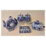 LL-BR - Blue & White Chinese Porcelain Teapot with 4 Covered Dishes - Rectangular, Oval & 2 Lidded Crocks