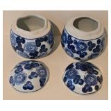 LL-BR - Blue & White Chinese Porcelain Teapot with 4 Covered Dishes - Rectangular, Oval & 2 Lidded Crocks