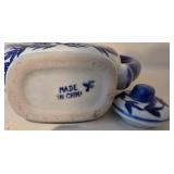 LL-BR - Blue & White Chinese Porcelain Teapot with 4 Covered Dishes - Rectangular, Oval & 2 Lidded Crocks