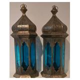 LL-BR - Pair of Moroccan Filigree Lanterns with Turquoise Glass - 20 in tall, 7 in base