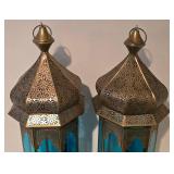 LL-BR - Pair of Moroccan Filigree Lanterns with Turquoise Glass - 20 in tall, 7 in base