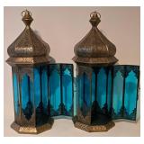 LL-BR - Pair of Moroccan Filigree Lanterns with Turquoise Glass - 20 in tall, 7 in base