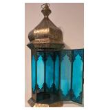 LL-BR - Pair of Moroccan Filigree Lanterns with Turquoise Glass - 20 in tall, 7 in base