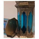 LL-BR - Pair of Moroccan Filigree Lanterns with Turquoise Glass - 20 in tall, 7 in base