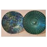 LL-BR - Decorative Glass Plates - 12 in & 12.5 in, Teal/Blue Geometric Pattern (Lot of 2)