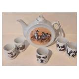 LL-BR - Chinese Porcelain Teapot Set with 5 Hand-Painted Cups - 6 in Tall, 7.5 in Diameter