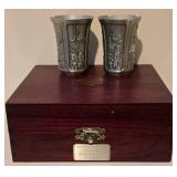 LL-BR - Royal Selangor Pewter Mugs - Floral Engraved Pair, Wood Display Box