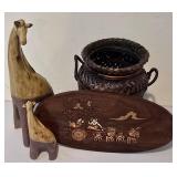 LL-FR - Giraffe Figurines (Set of 2) & Wooden Wall Plaque with Carriage Scene & Woven Jar Basket