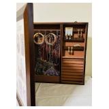 B2 - Wooden Jewelry Box with Necklace Hangers & Photo Inserts - 16 x 19 in, with lots of beautiful jewelry!