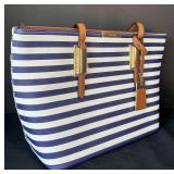 B1 - ALDO Striped Tote Bag - Navy & White, 9 x 15 in, Brown Leather Trim