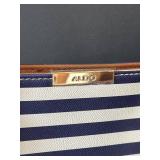 B1 - ALDO Striped Tote Bag - Navy & White, 9 x 15 in, Brown Leather Trim