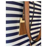 B1 - ALDO Striped Tote Bag - Navy & White, 9 x 15 in, Brown Leather Trim