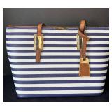 B1 - ALDO Striped Tote Bag - Navy & White, 9 x 15 in, Brown Leather Trim