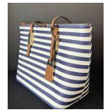 B1 - ALDO Striped Tote Bag - Navy & White, 9 x 15 in, Brown Leather Trim