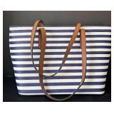 B1 - ALDO Striped Tote Bag - Navy & White, 9 x 15 in, Brown Leather Trim