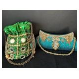 B1 - Beaded Green & Teal Evening Bags - Ornate Embroidered Clutches (Lot of 2)