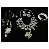 B1 - Ethnic Silver Necklace Set with Earrings and Cuff Bracelet - Oxidized Finish