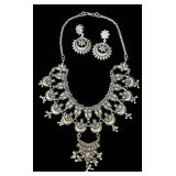 B1 - Ethnic Silver Necklace Set with Earrings and Cuff Bracelet - Oxidized Finish