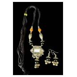 B1 - Ethnic Silver Necklace Set with Earrings and Cuff Bracelet - Oxidized Finish