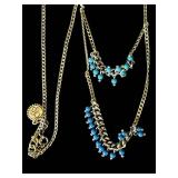 B2 - Costume Jewelry Lot - Turquoise Bead Bracelet, Pink Floral Necklace, Silver Chains