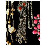 B2 - Costume Jewelry Lot - Turquoise Bead Bracelet, Pink Floral Necklace, Silver Chains