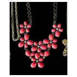 B2 - Costume Jewelry Lot - Turquoise Bead Bracelet, Pink Floral Necklace, Silver Chains