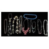 B2 - Costume Jewelry Lot - Turquoise Bead Bracelet, Pink Floral Necklace, Silver Chains