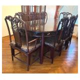 DR - Vintage Rosewood Chinese Dining Table Set with Glass Top & 8 Carved Chairs