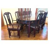 DR - Vintage Rosewood Chinese Dining Table Set with Glass Top & 8 Carved Chairs