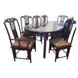 DR - Vintage Rosewood Chinese Dining Table Set with Glass Top & 8 Carved Chairs